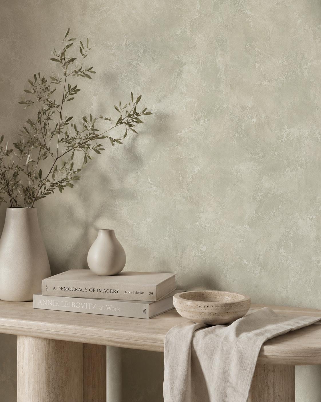 Pale Sage Limewash Wallpaper: Soft Green Textured Wall Mural