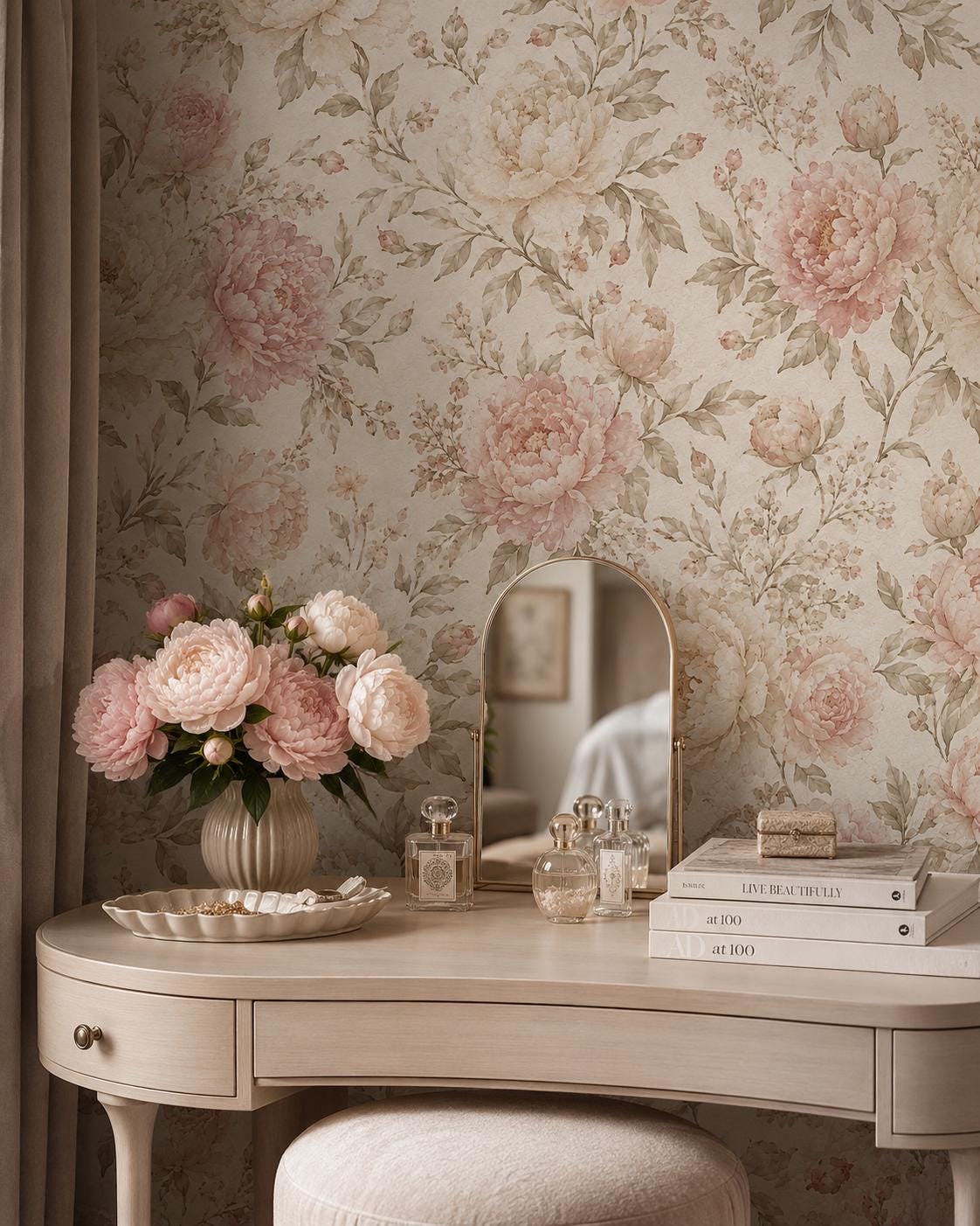 Champagne Blush Peony Wallpaper: Romantic Floral Wall Mural