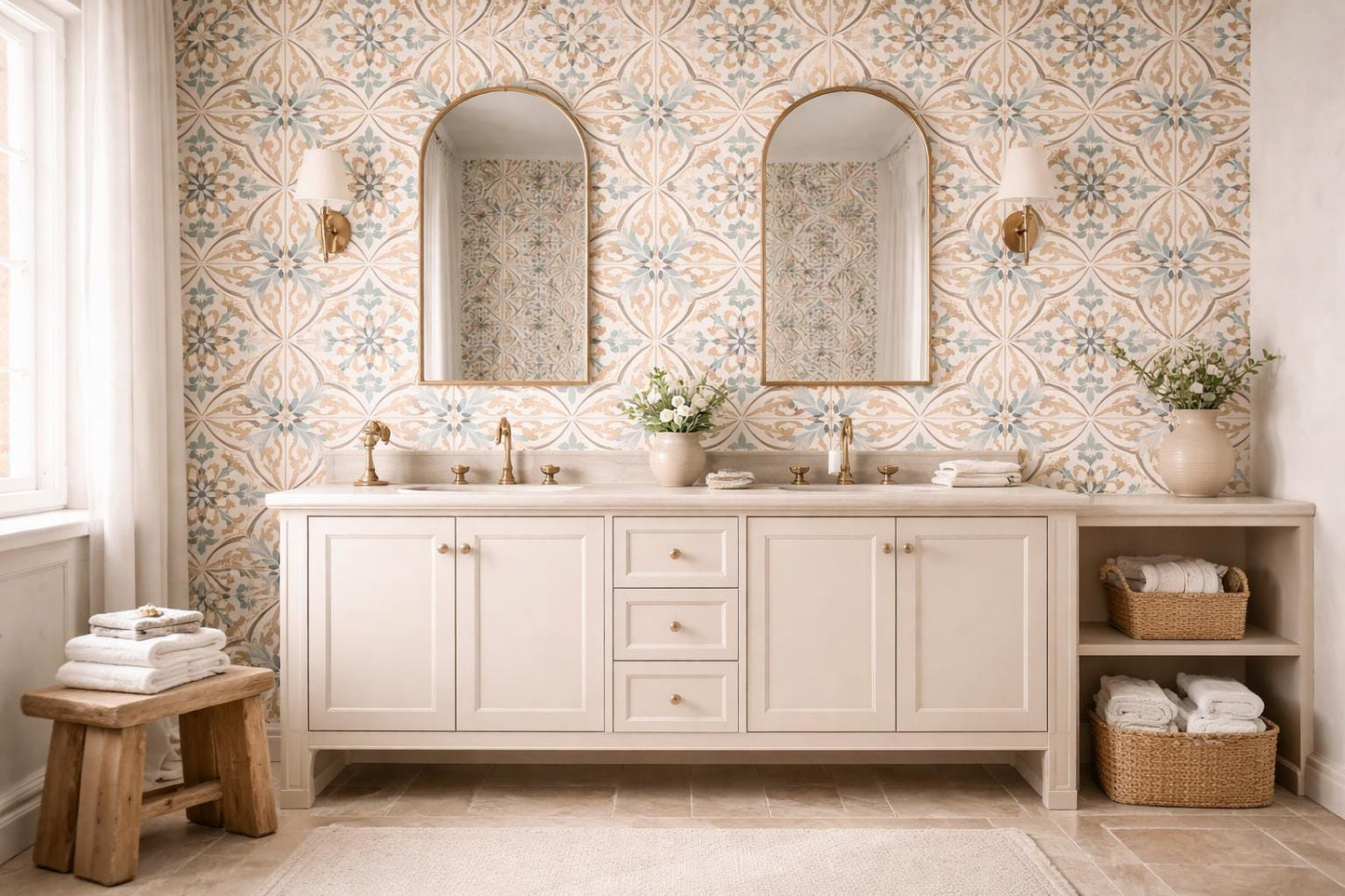 Vintage Mediterranean Tile Wallpaper Peel and Stick Blue Beige Wall Mural