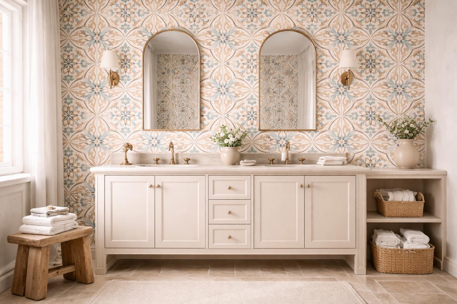 Vintage Mediterranean Tile Wallpaper Peel and Stick Blue Beige Wall Mural