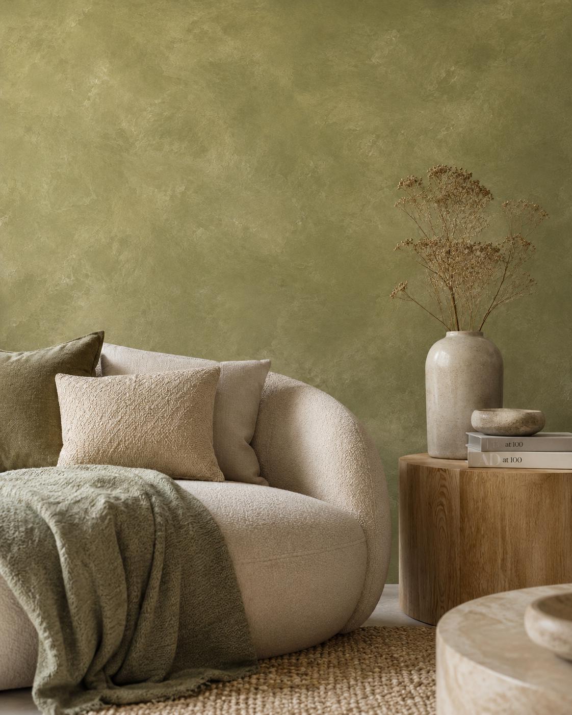 Soft Olive Plaster Wallpaper: Green Textured Wall Mural