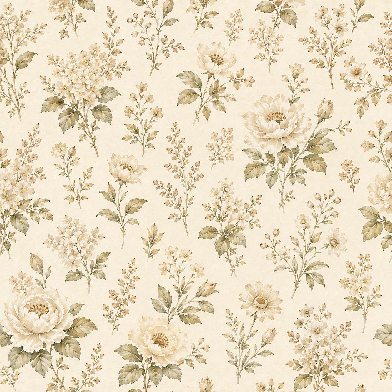 Olive Cream Floral Wallpaper: Vintage Botanical Wall Mural