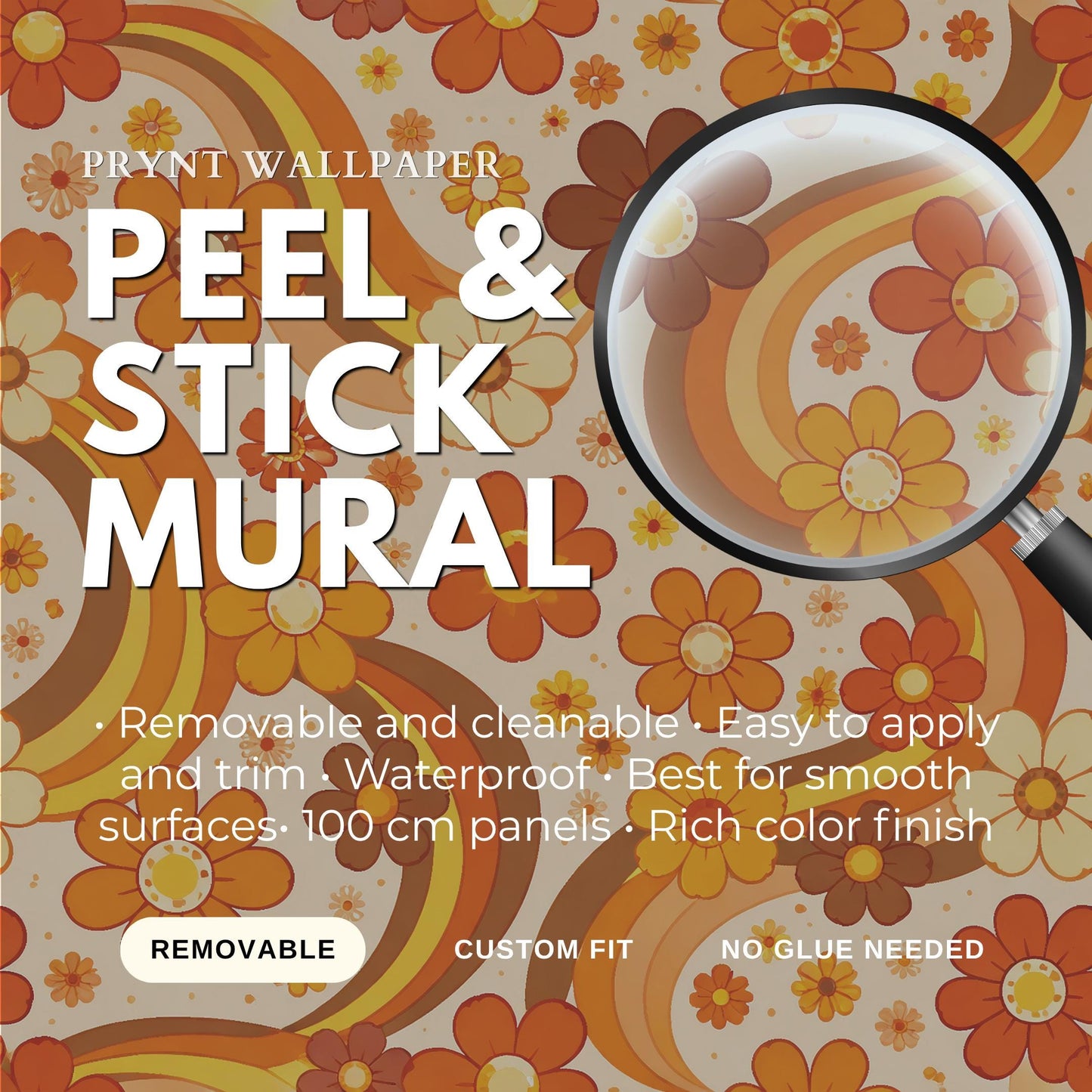 Retro Orange Floral Wallpaper: 70s Groovy Peel and Stick Mural