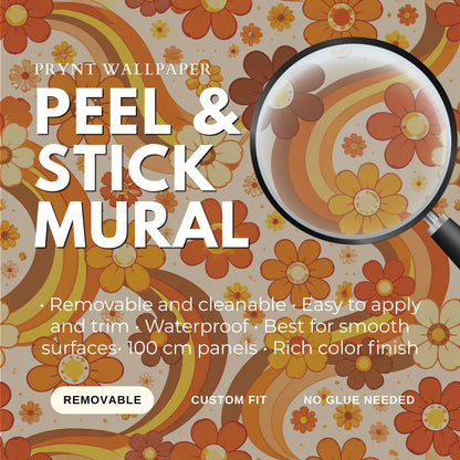 Retro Orange Floral Wallpaper: 70s Groovy Peel and Stick Mural