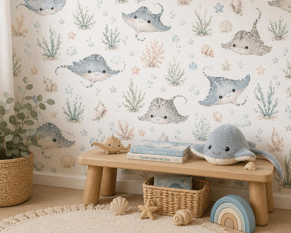 Stingray Ocean Wallpaper: Coastal Sea Life Nursery Mural