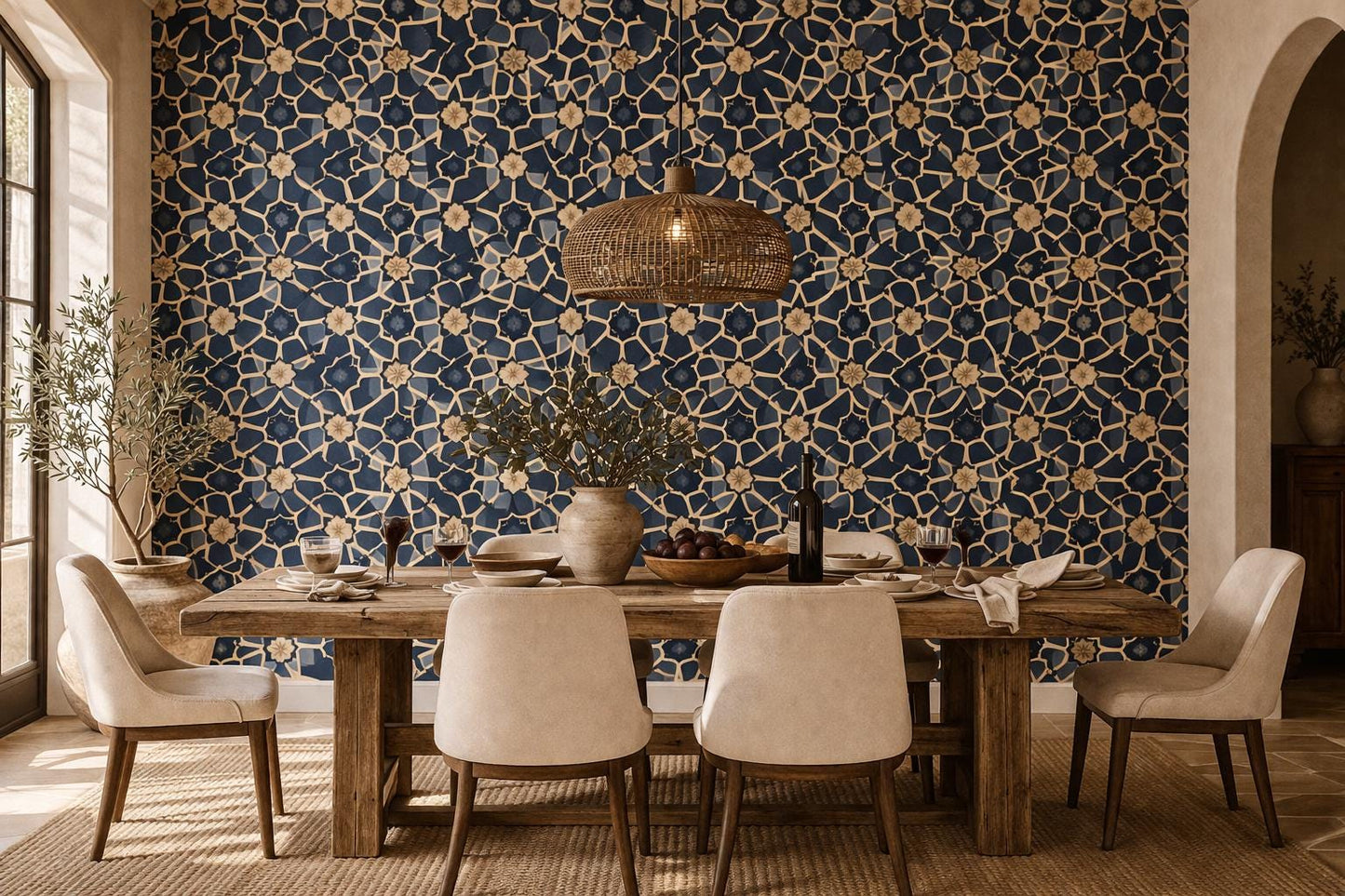 Blue Moroccan Tile Wallpaper: Vintage Geometric Wall Mural