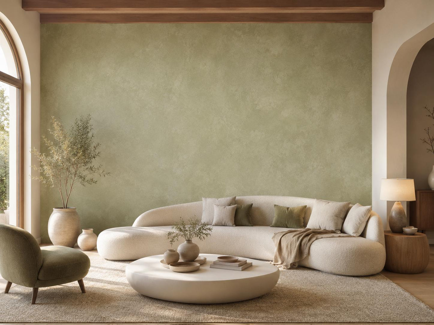 Olive Limewash Wallpaper: Earthy Green Textured Wall Mural