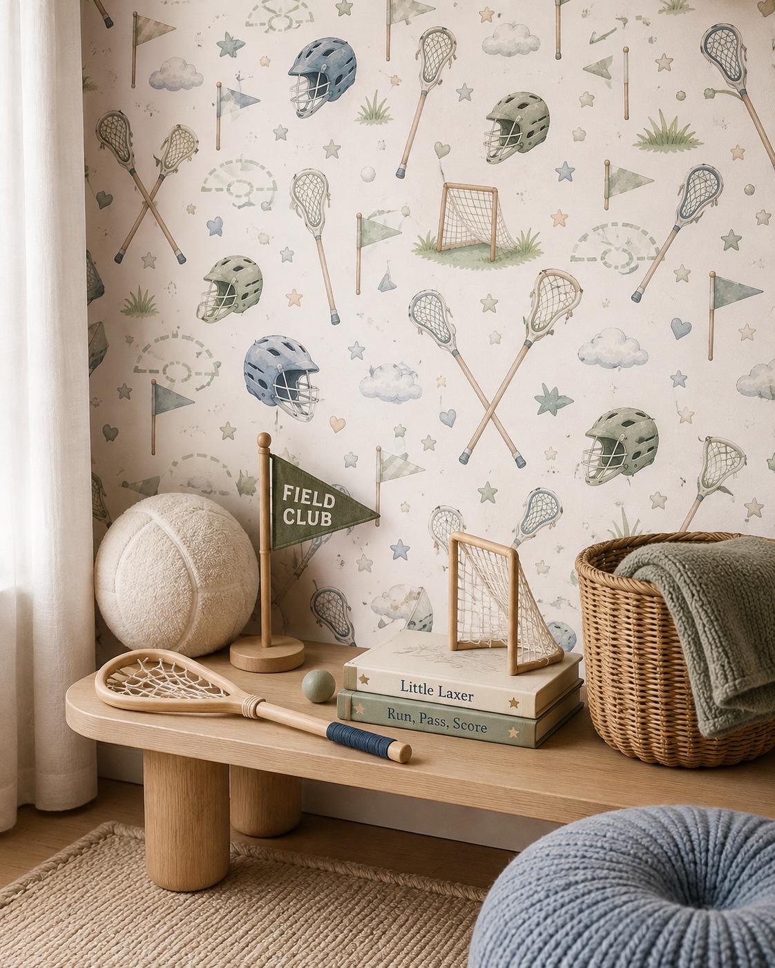 Lacrosse Stick Wallpaper: Preppy Sports Nursery Mural