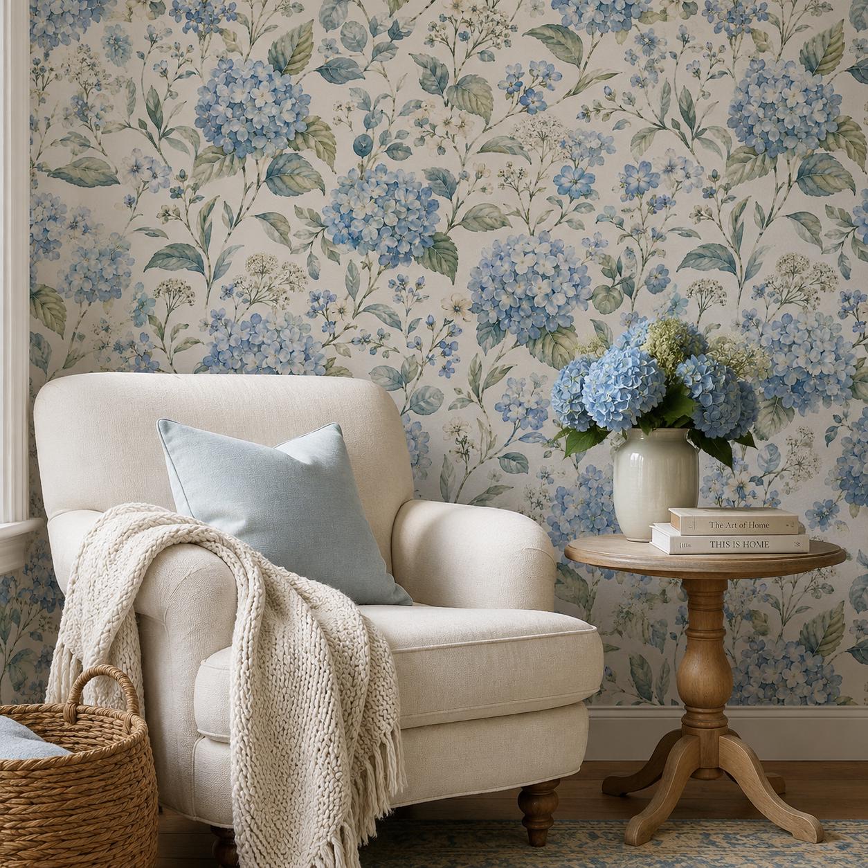 Blue Hydrangea Wallpaper: White Floral Wall Mural