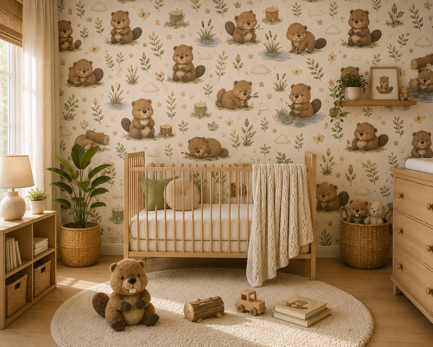 Beaver River Wallpaper: Woodland Animal Nursery Mural