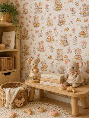 Mouse Bakery Wallpaper: Whimsical Cottage Nursery Mural