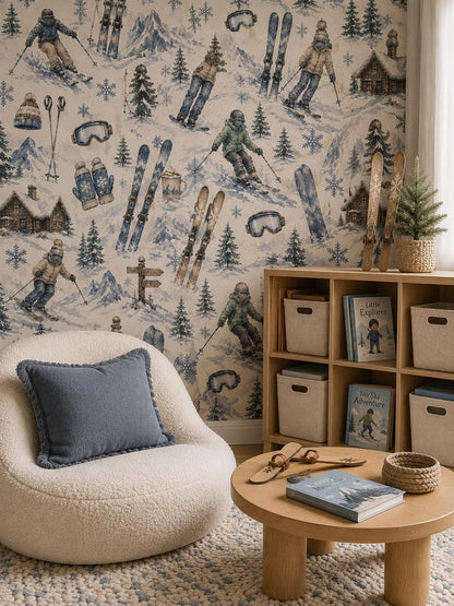 Ski Lodge Adventure Wallpaper: Kids Winter Sports Wall Mural