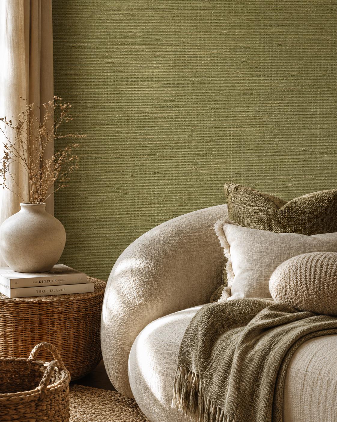 Olive Grasscloth Wallpaper: Green Woven Wall Mural