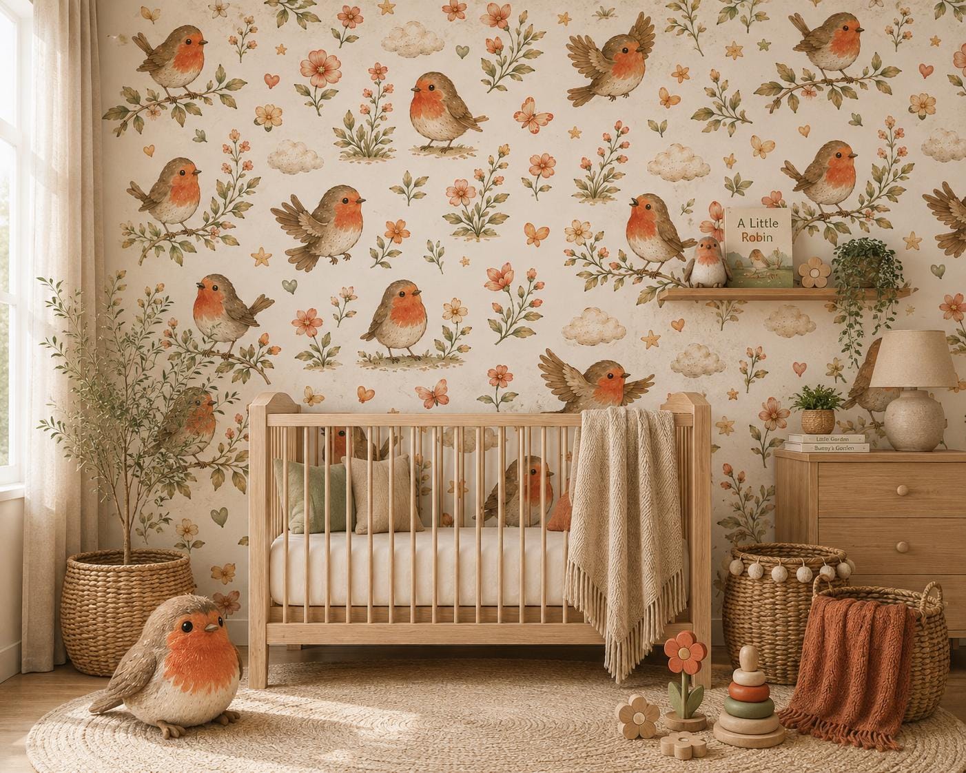 Robin Garden Wallpaper: Spring Bird Nursery Wall Mural