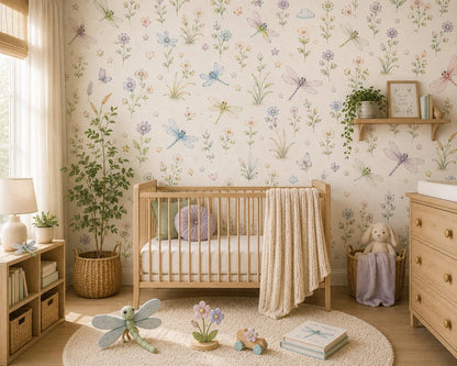 Dragonfly Meadow Wallpaper: Floral Nature Nursery Mural