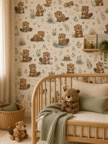 Beaver River Wallpaper: Woodland Animal Nursery Mural