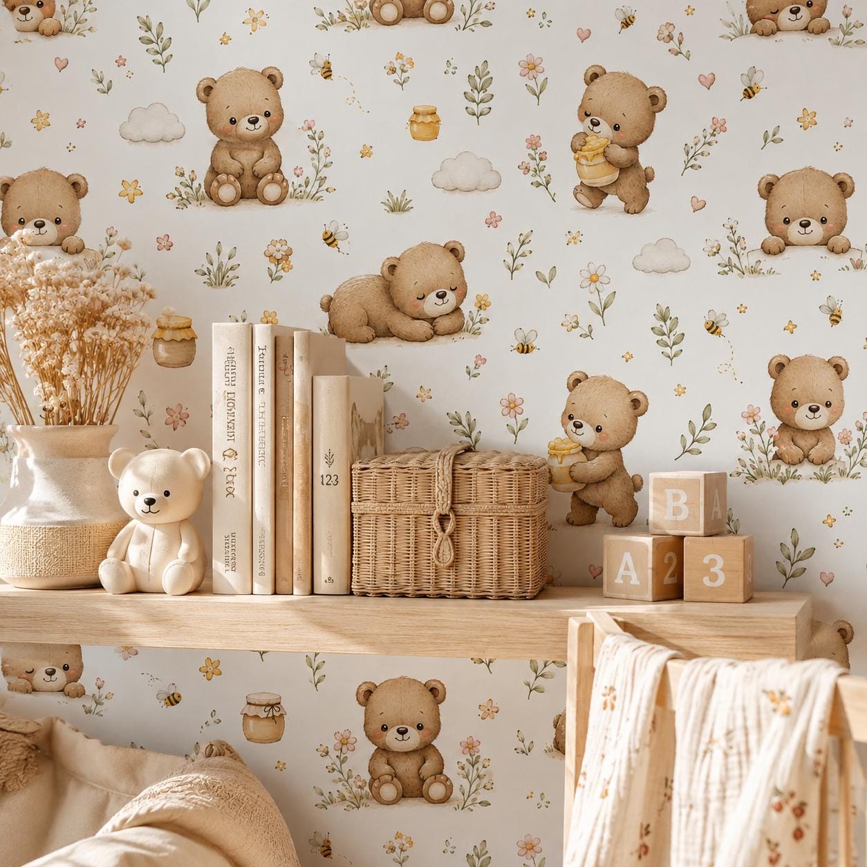 Bear Wallpaper: Honey Meadow Nursery Mural