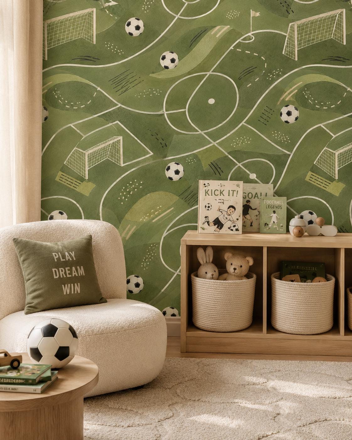 Kids Soccer Wallpaper: Green Field Wall Mural for Boys Room