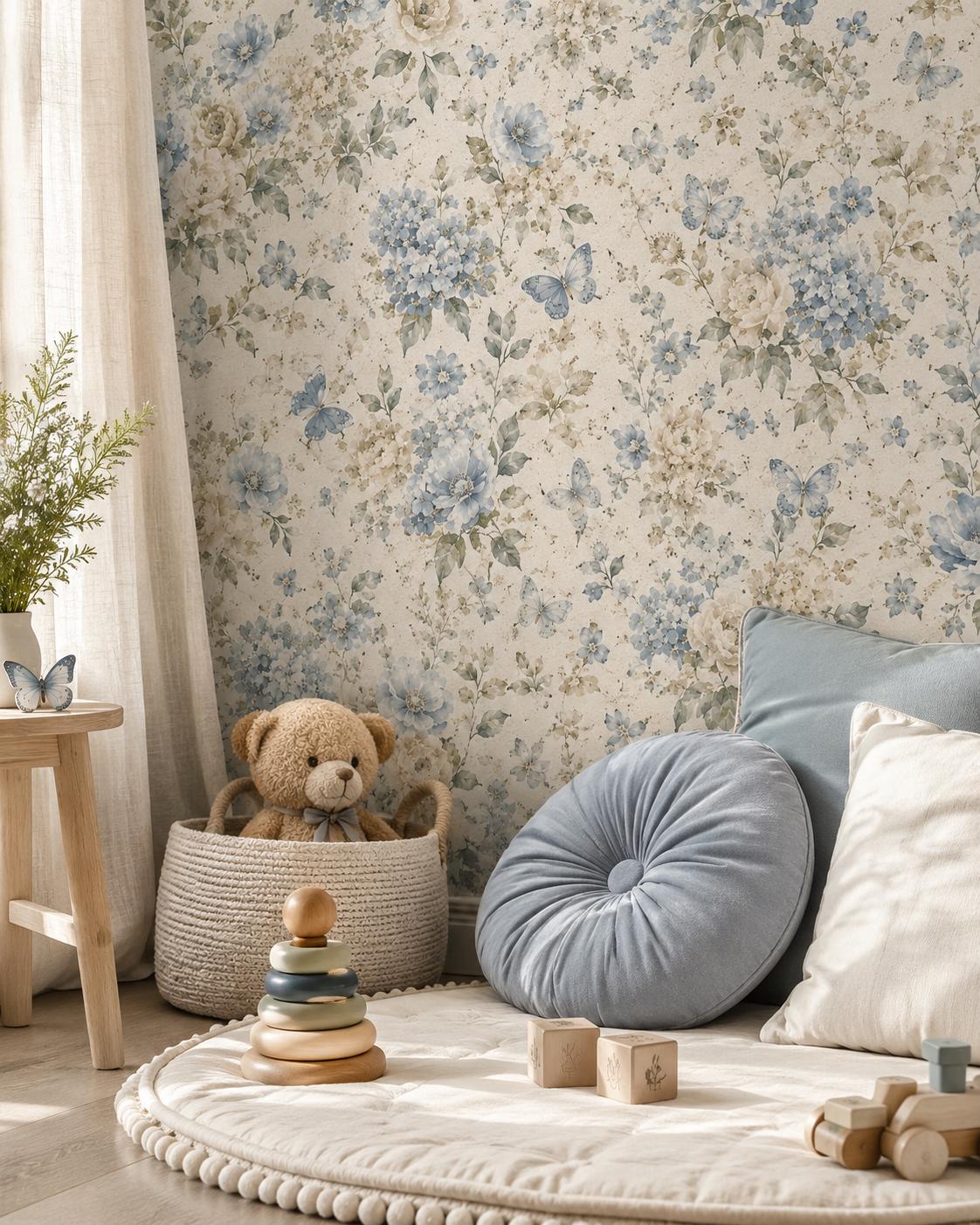 Dusty Blue Floral Wallpaper: Soft Botanical Nursery Wall Mural