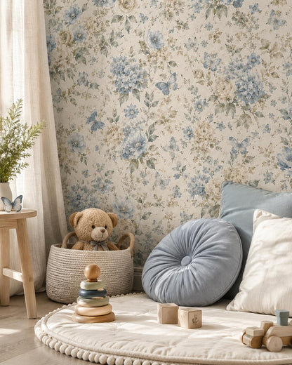 Dusty Blue Floral Wallpaper: Soft Botanical Nursery Wall Mural