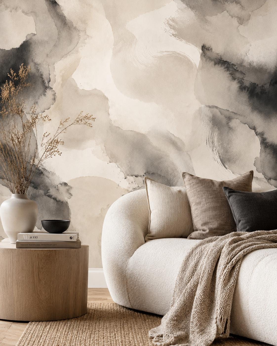Ivory Ink Wash Wallpaper: Soft Black Abstract Wall Mural