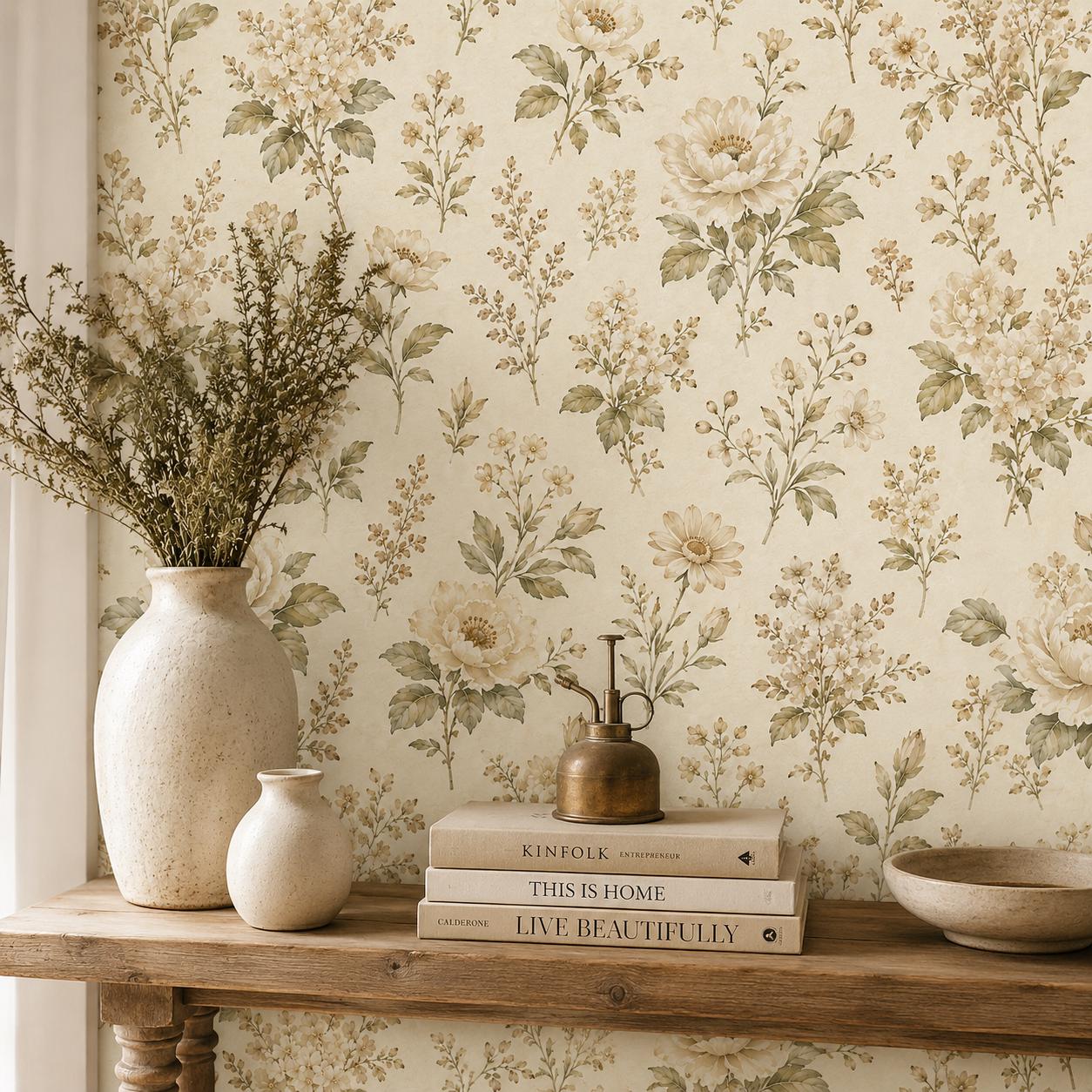 Olive Cream Floral Wallpaper: Vintage Botanical Wall Mural