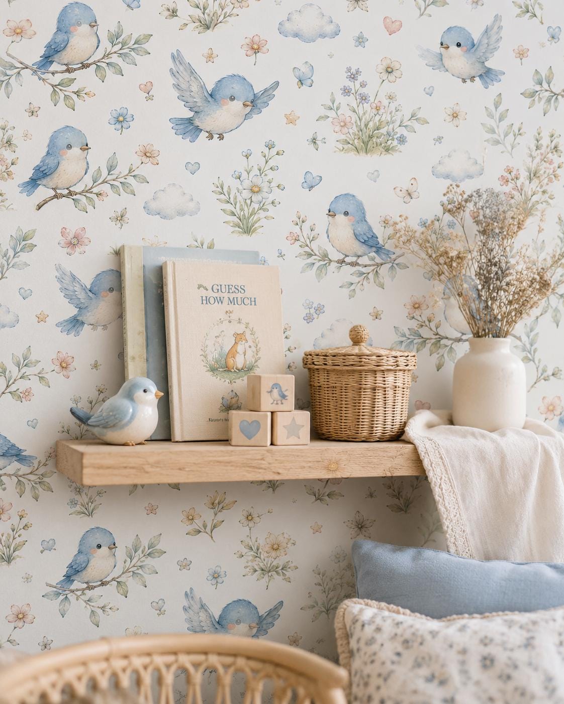 Bluebird Meadow Wallpaper: Floral Bird Nursery Mural