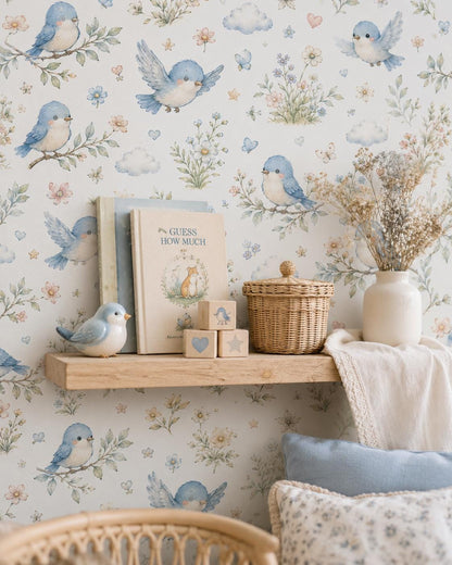 Bluebird Meadow Wallpaper: Floral Bird Nursery Mural
