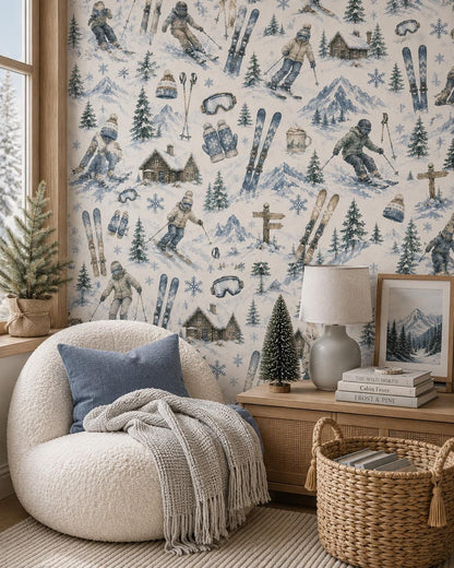 Ski Lodge Adventure Wallpaper: Kids Winter Sports Wall Mural