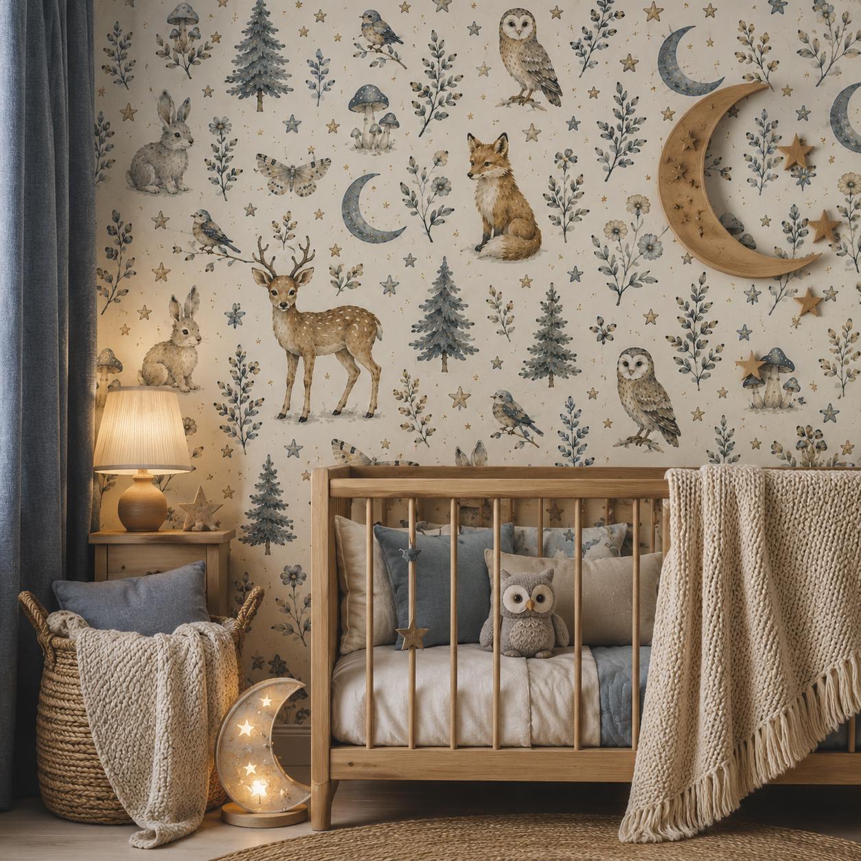 Moonlight Forest Animal Wallpaper: Dreamy Nursery Wall Mural