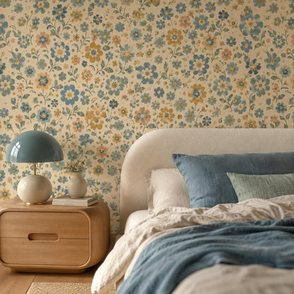 Retro Blue Floral Wallpaper: Groovy Vintage Wall Mural