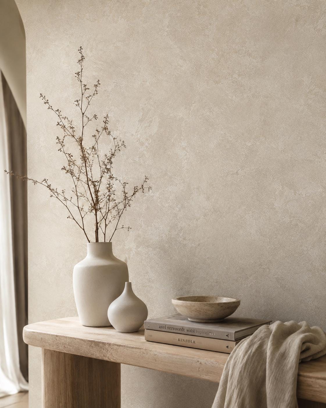 Almond Limewash Wallpaper: Warm Neutral Textured Wall Mural