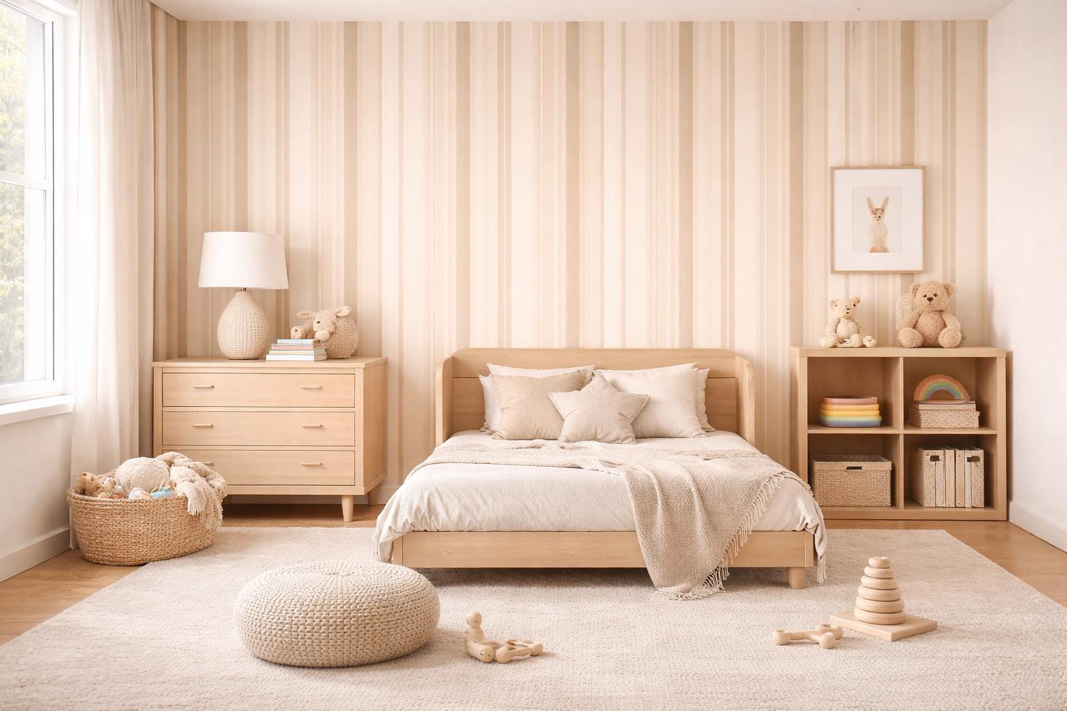Beige Neutral Striped Wallpaper Peel and Stick Vertical Stripe Mural Minimal Modern Wall Decor