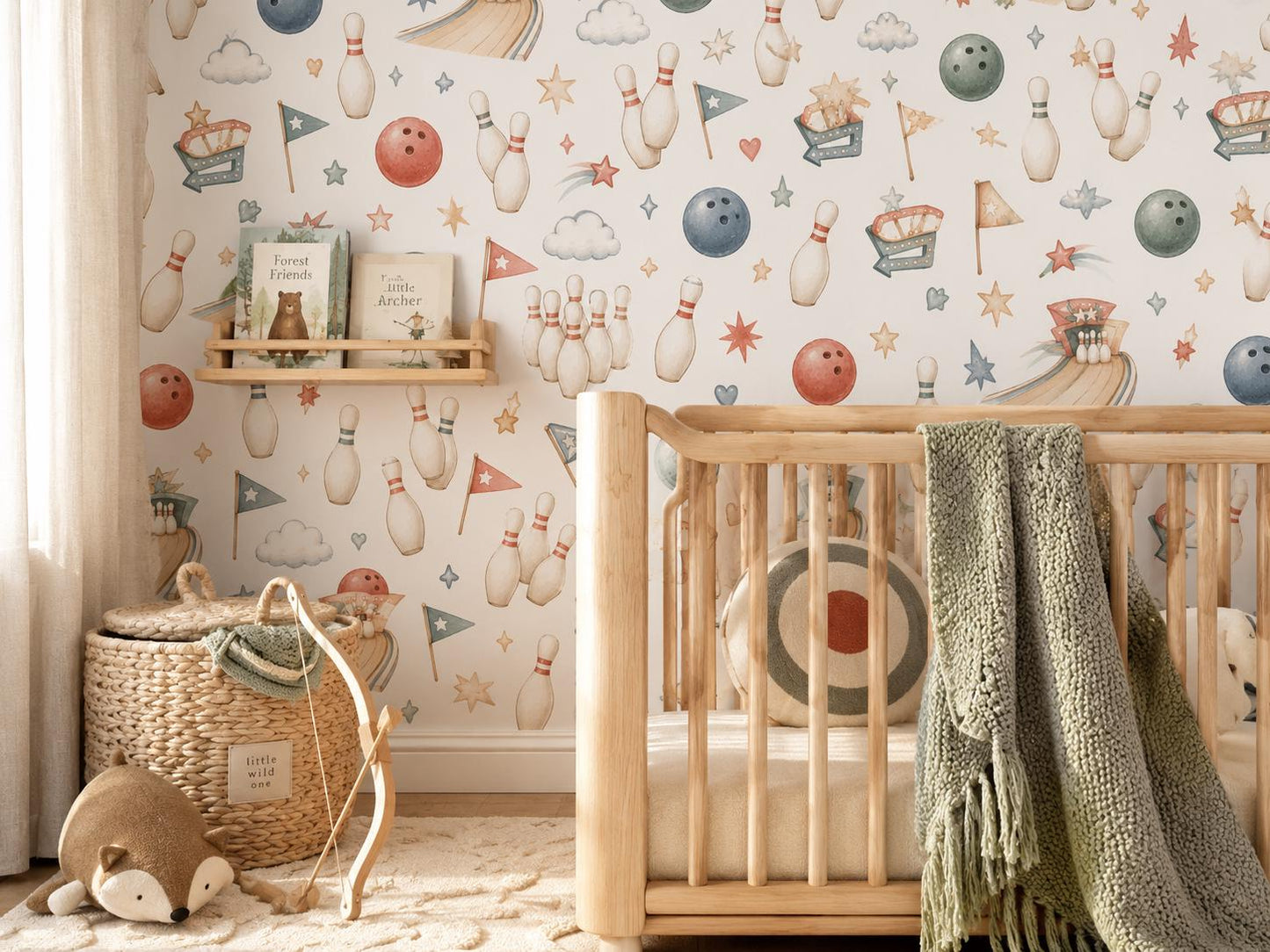 Bowling Pin Wallpaper: Retro Sports Nursery Wall Mural