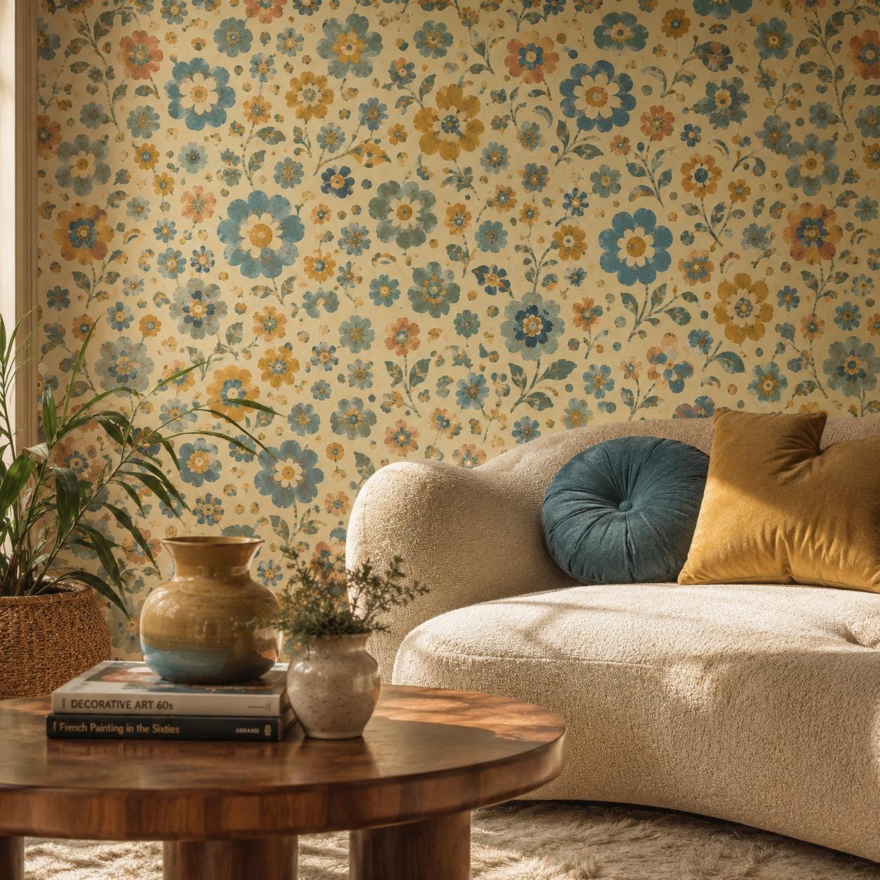 Retro Blue Floral Wallpaper: Groovy Vintage Wall Mural