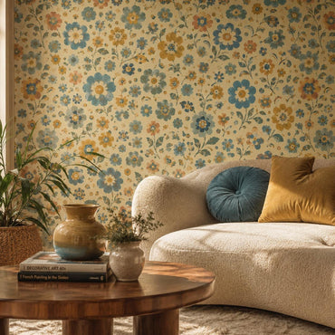 Retro Blue Floral Wallpaper: Groovy Vintage Wall Mural
