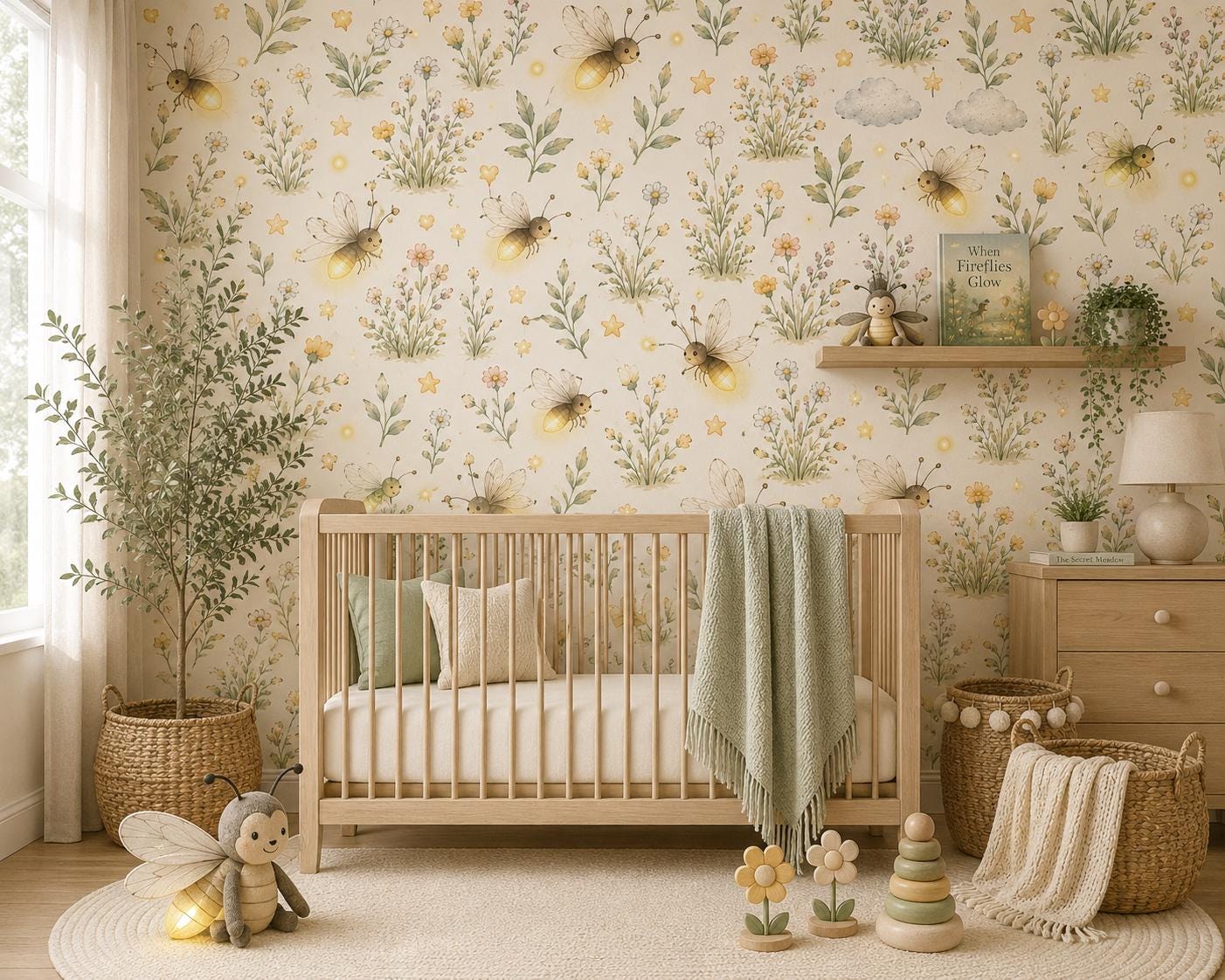 Firefly Meadow Wallpaper: Soft Nature Nursery Mural