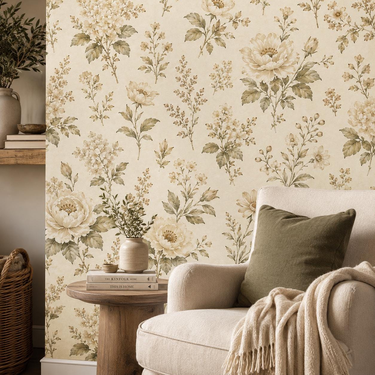 Olive Cream Floral Wallpaper: Vintage Botanical Wall Mural