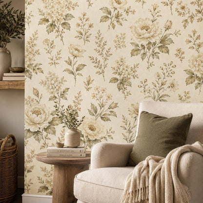 Olive Cream Floral Wallpaper: Vintage Botanical Wall Mural