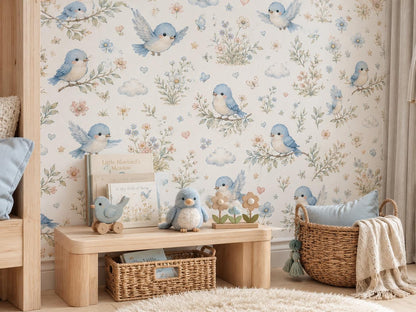 Bluebird Meadow Wallpaper: Floral Bird Nursery Mural