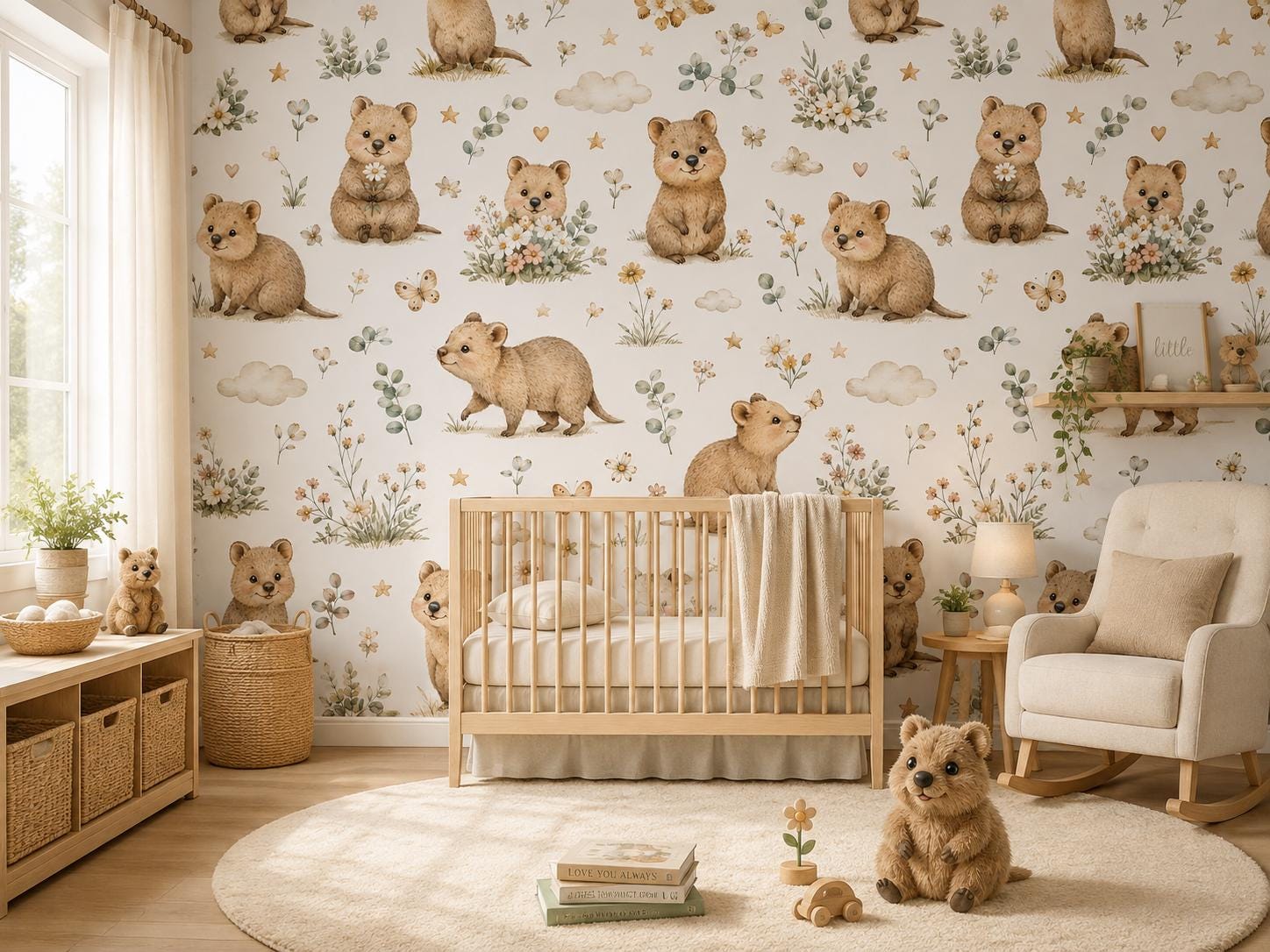 Custom Quokka Meadow Nursery Wallpaper: Australian Animal Mural (Peel and Stick)