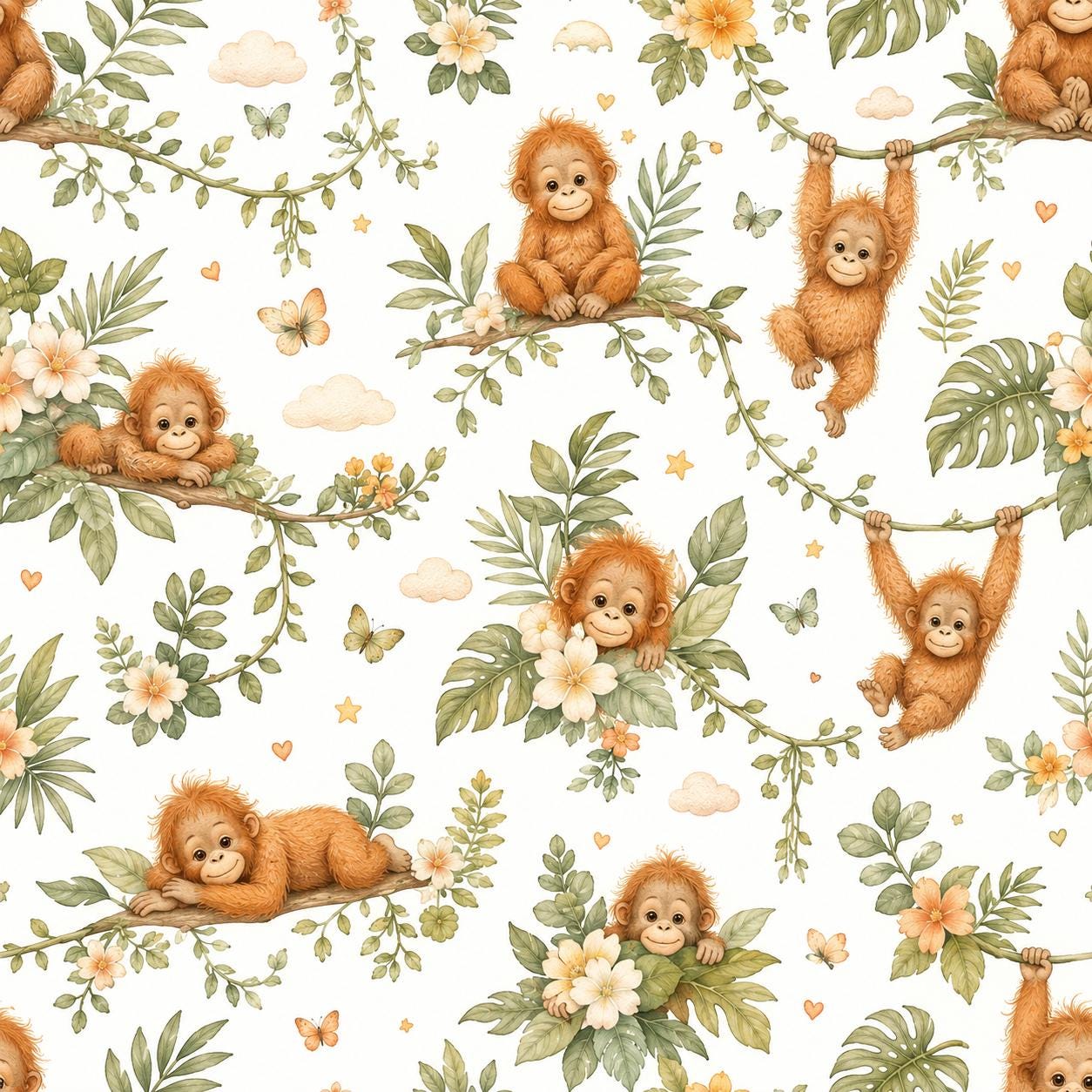 Orangutan Jungle Wallpaper: Tropical Animal Nursery Mural