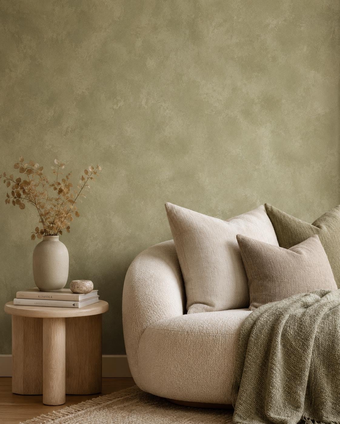 Olive Limewash Wallpaper: Earthy Green Textured Wall Mural
