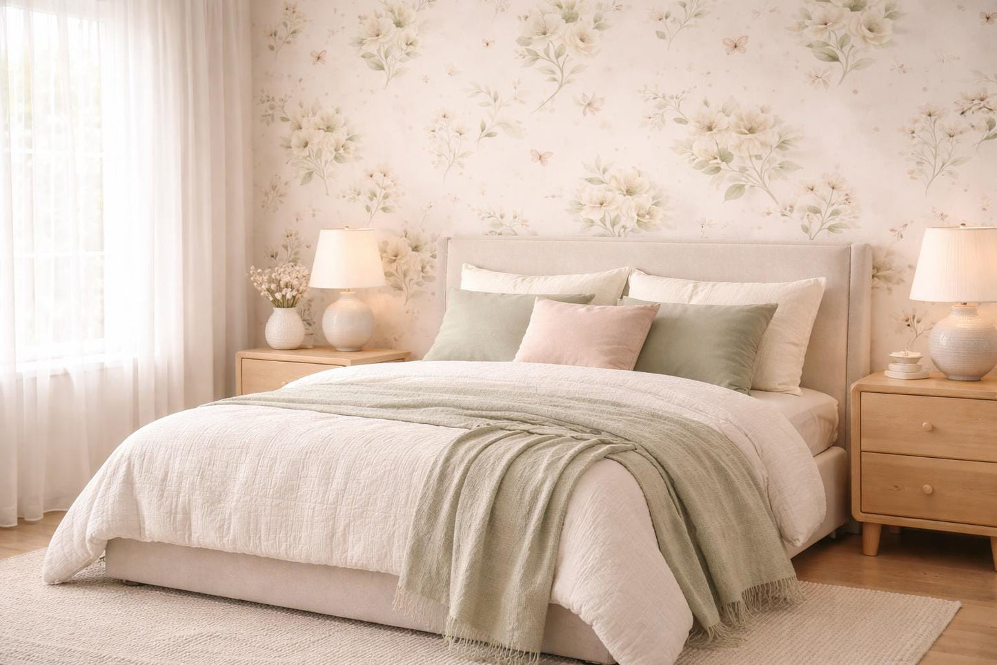 Sage Green Floral Wallpaper: Botanical Peel and Stick Wall Mural (Custom Fit)