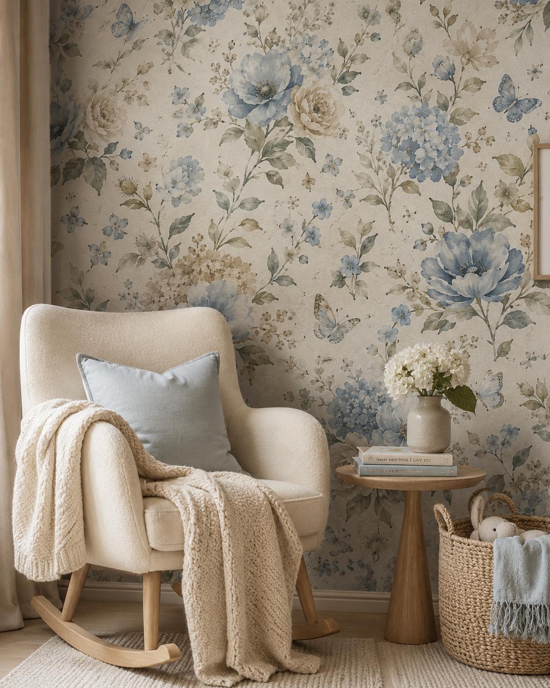 Dusty Blue Floral Wallpaper: Soft Botanical Nursery Wall Mural