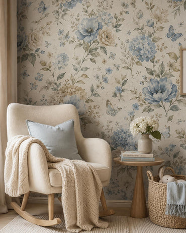 Dusty Blue Floral Wallpaper: Soft Botanical Nursery Wall Mural