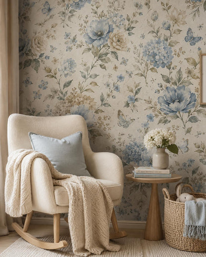 Dusty Blue Floral Wallpaper: Soft Botanical Nursery Wall Mural