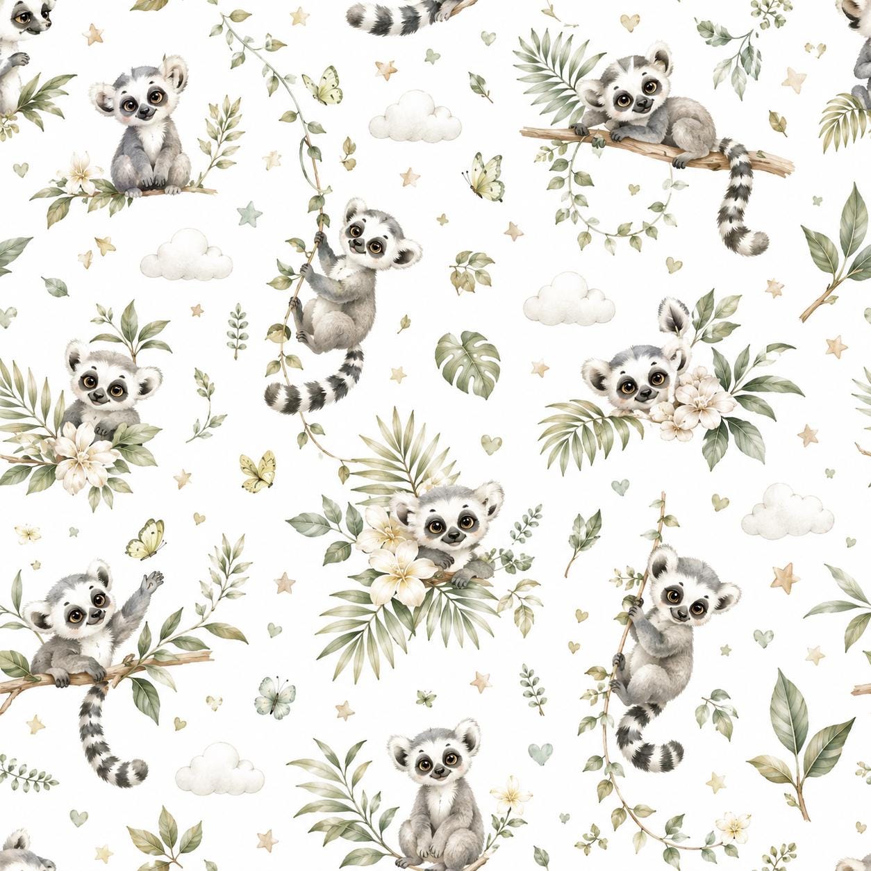 Lemur Jungle Wallpaper: Tropical Animal Nursery Wall Mural