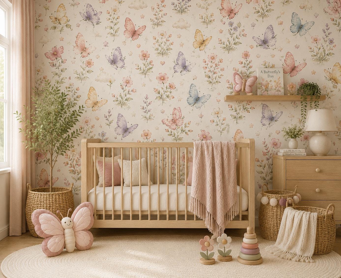 Butterfly Meadow Wallpaper: Floral Nursery Wall Mural