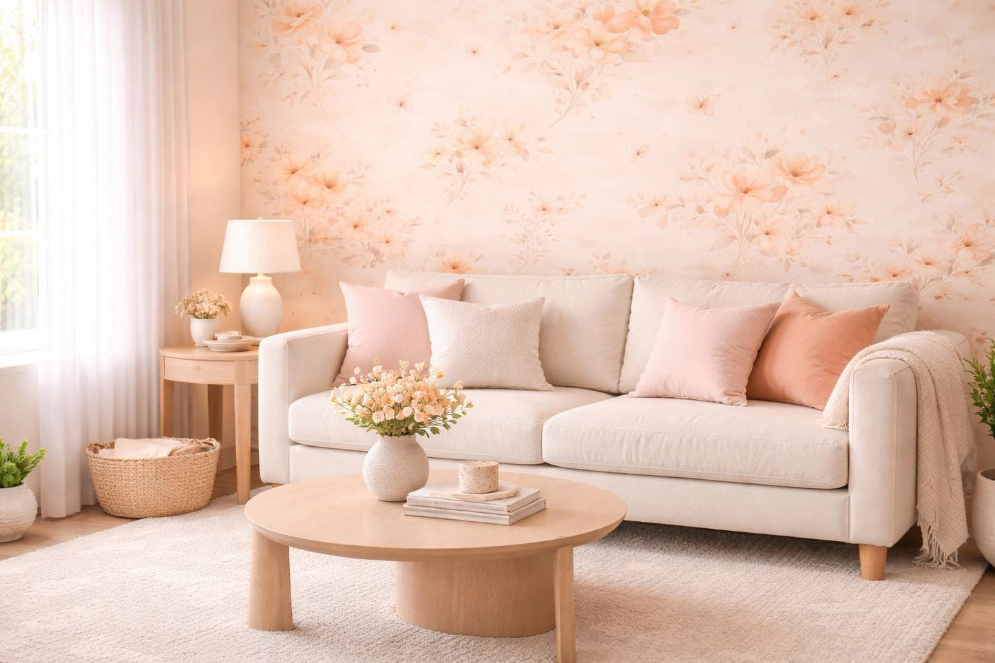 Peach Floral Wallpaper: Soft Pastel Flower Wall Mural (Peel and Stick)